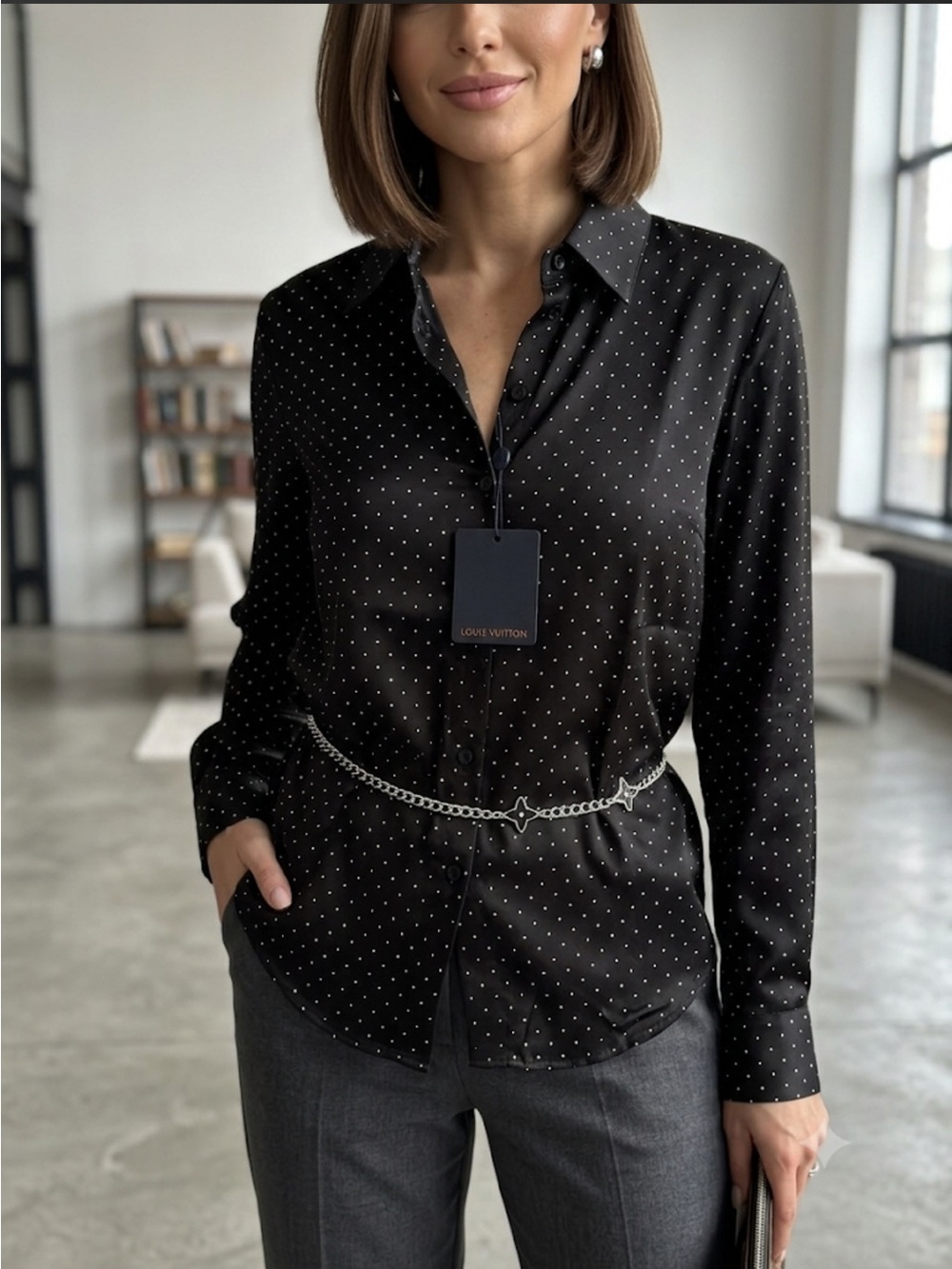 Brand New !! Lv bling shirt Black Polka Dot Button-Down Shirt with Subtle Shine